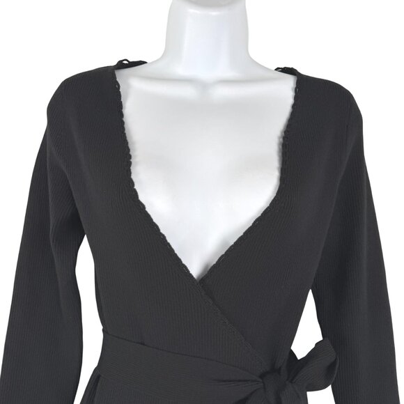 Sezane Tina Wrap Dress Large Black Merino Wool Blend Ribbed V-Neck DR-1807 - Picture 4 of 9